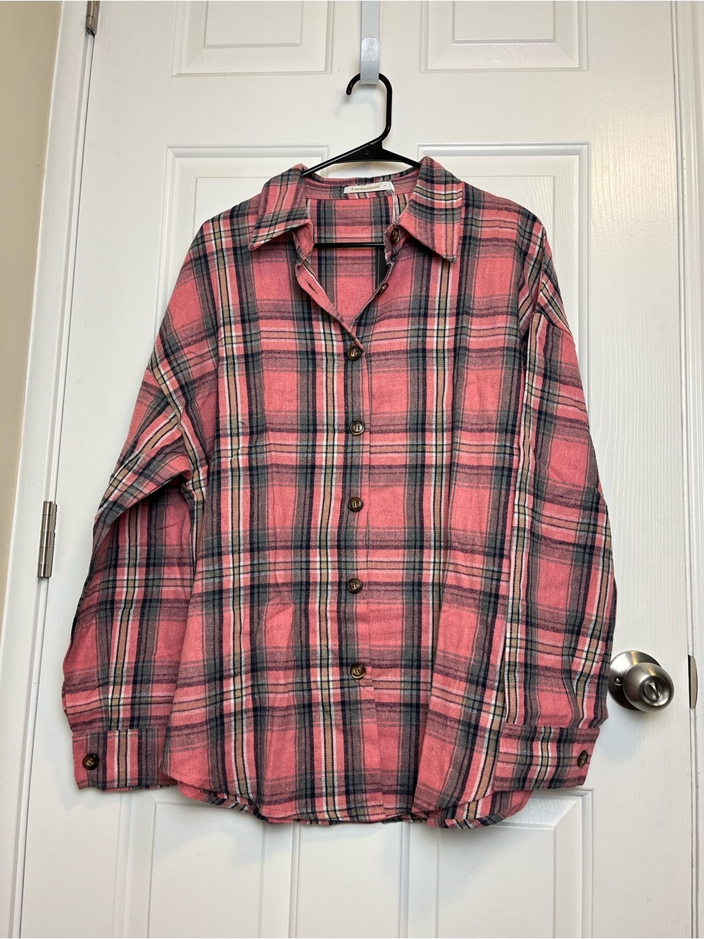 💛 Oversized Plaid Button-Up Flannel Shirt - Coral Pink - Picture 4 of 8
